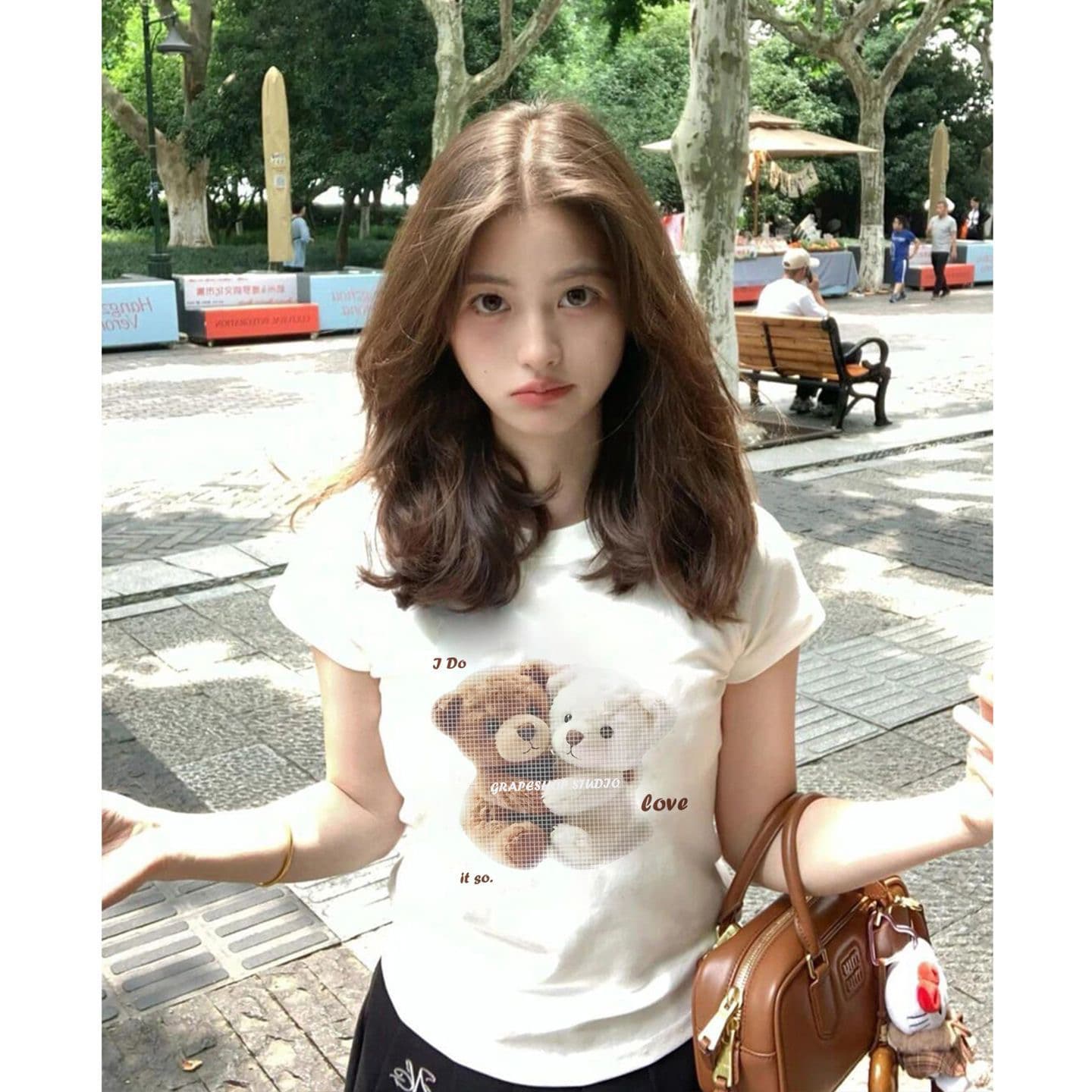 귀여운 디자인 센스 작은 곰 프린트 반팔 티셔츠 여성 긍정적 인 어깨 몸매 가꾸기 라운드 넥 다용도 2026 여름 새로운 맨위 트렌디 상세 이미지 3