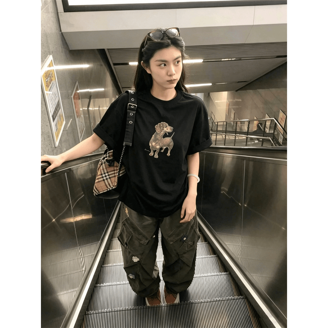 한국 chic 여름 미니멀리즘 다용도 라운드 넥 반팔 프린트 티셔츠 이미지 5