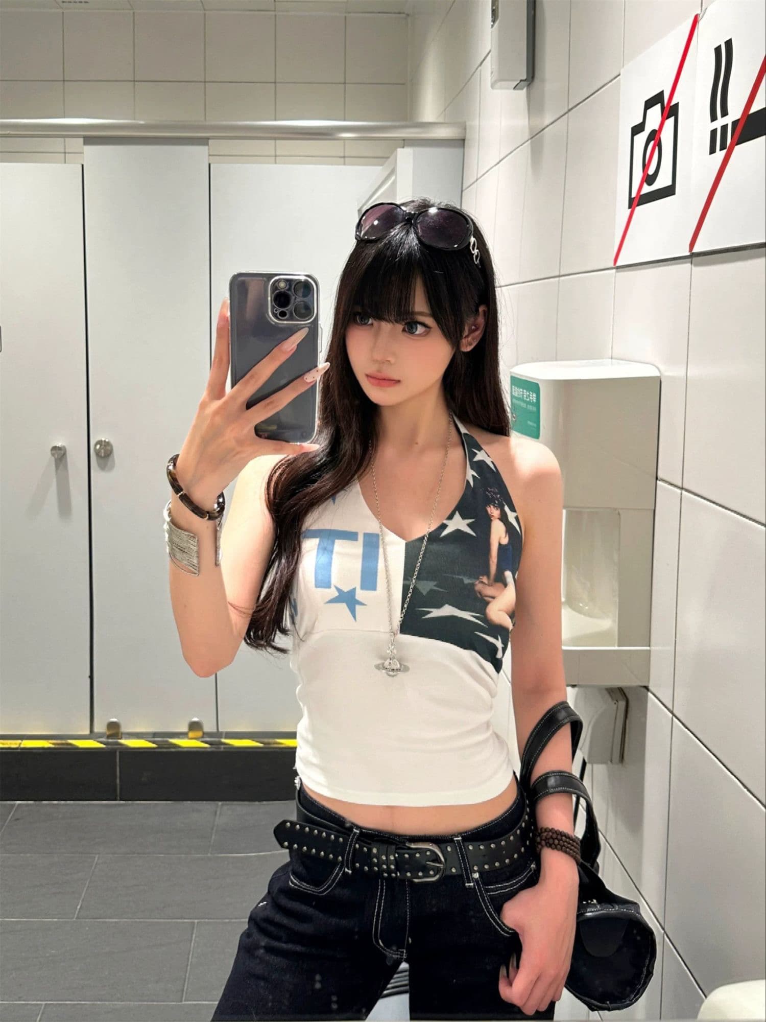 아메리칸 레트로 새로운 고급 개성 초상화 프린트 행침 목 캐미솔 핫걸 바람 몸매 가꾸기 티셔츠 ins 이미지 2