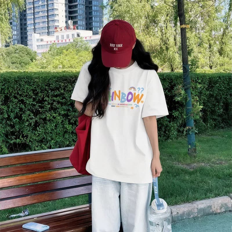 한국 chic 여름 미니멀리즘 다용도 라운드 넥 반팔 프린트 티셔츠 이미지 2