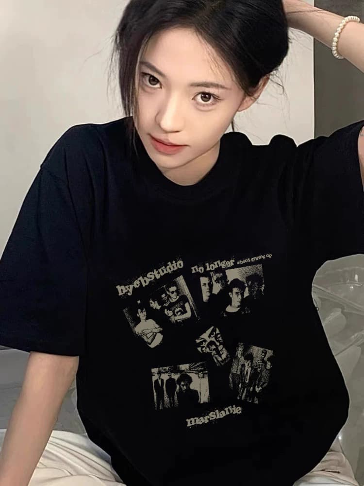 한국 chic 여름 미니멀리즘 다용도 라운드 넥 반팔 프린트 티셔츠 상세 이미지 3
