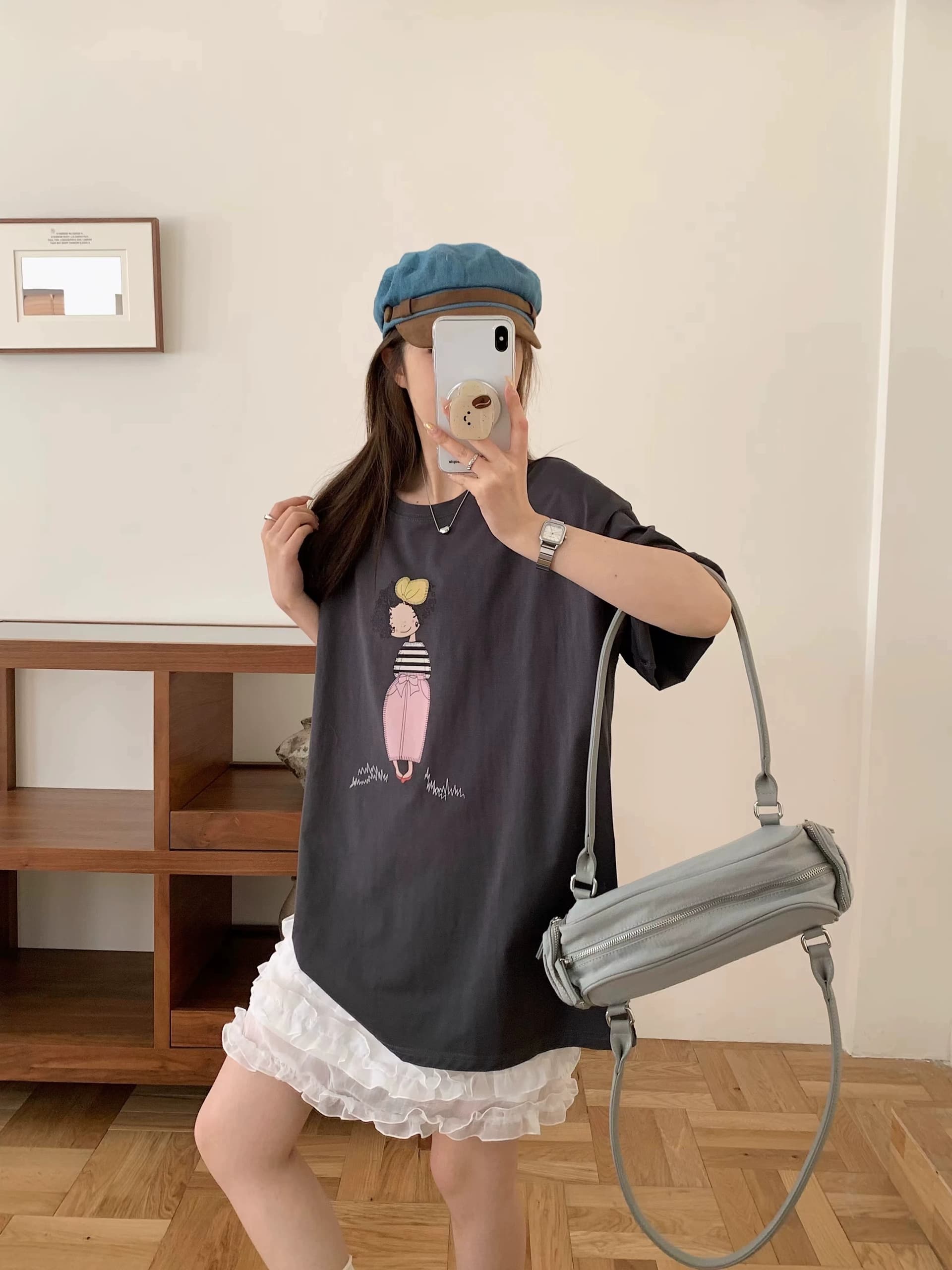 한국 chic 여름 미니멀리즘 다용도 라운드 넥 반팔 프린트 티셔츠 상세 이미지 4