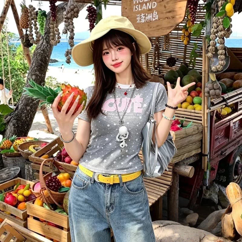 레트로 별 프린트 라운드 넥 슬림해 보이는 반팔 티셔츠 여성 여름 캐주얼 다용도 긍정적 인 어깨 이미지 2