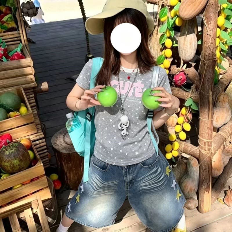 레트로 별 프린트 라운드 넥 슬림해 보이는 반팔 티셔츠 여성 여름 캐주얼 다용도 긍정적 인 어깨 상세 이미지 5