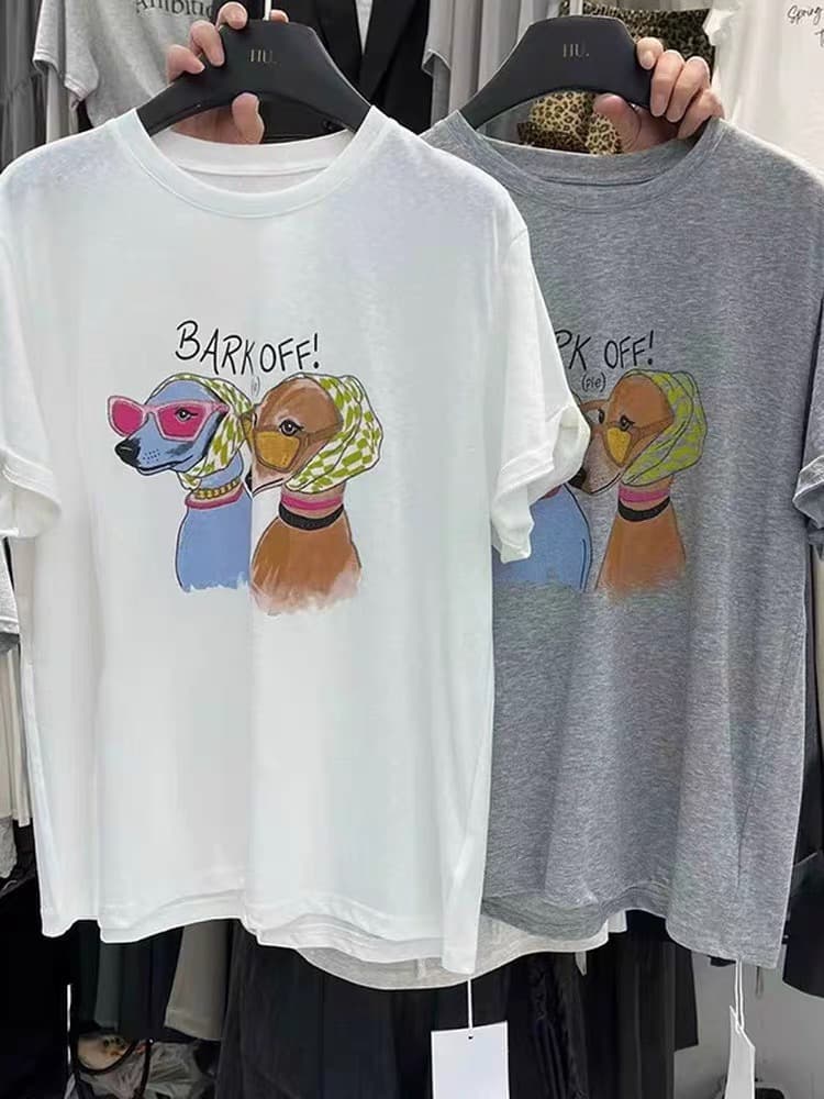 한국 동대문 순면 여름 새로운 외국 가스 연령 감소 루즈핏 재미있는 강아지 프린트 반팔 티셔츠 여성 셔츠 이미지 3