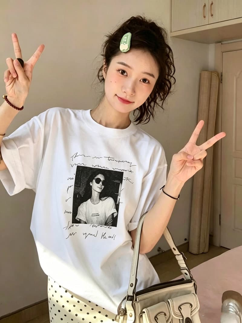 한국 chic 여름 미니멀리즘 다용도 라운드 넥 반팔 프린트 티셔츠 이미지 3