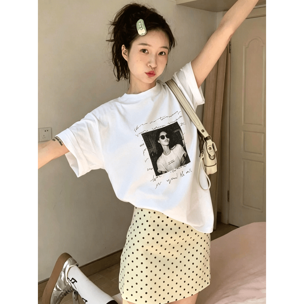 한국 chic 여름 미니멀리즘 다용도 라운드 넥 반팔 프린트 티셔츠 이미지 5