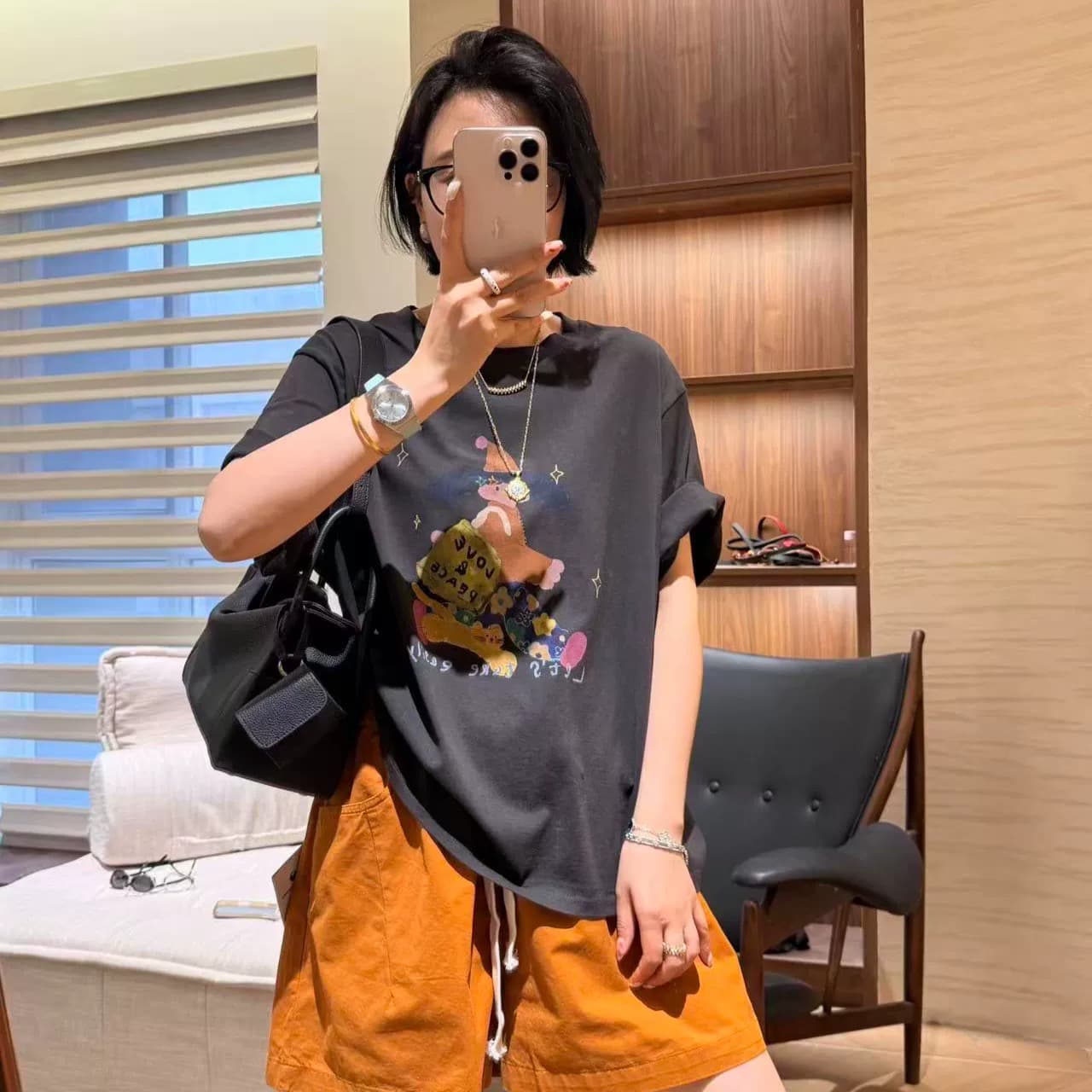 한국 chic 여름 미니멀리즘 다용도 라운드 넥 반팔 프린트 티셔츠 상세 이미지 4
