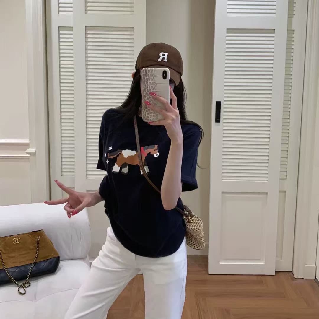 봄 여름 개성 작은 말 프린트 반팔 티셔츠 여성 루즈핏 디자인 센스 다용도 맨위 상세 이미지 4