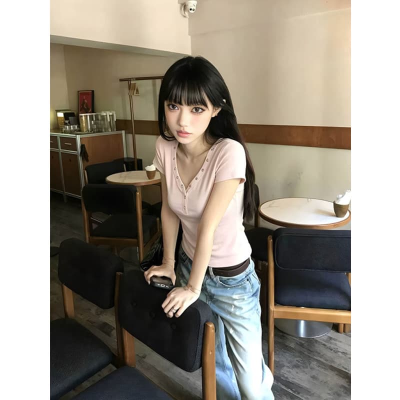 40 순면 92 면 8 암모니아 Lun 핫걸 단추 V넥 긍정적 인 어깨 반팔 티셔츠 이미지 4