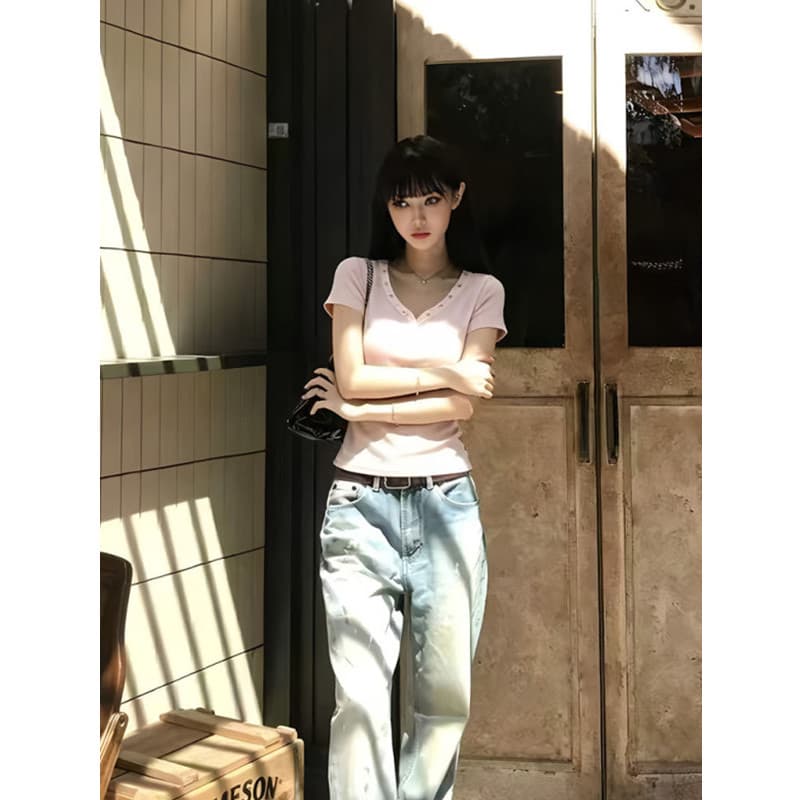 40 순면 92 면 8 암모니아 Lun 핫걸 단추 V넥 긍정적 인 어깨 반팔 티셔츠 이미지 5