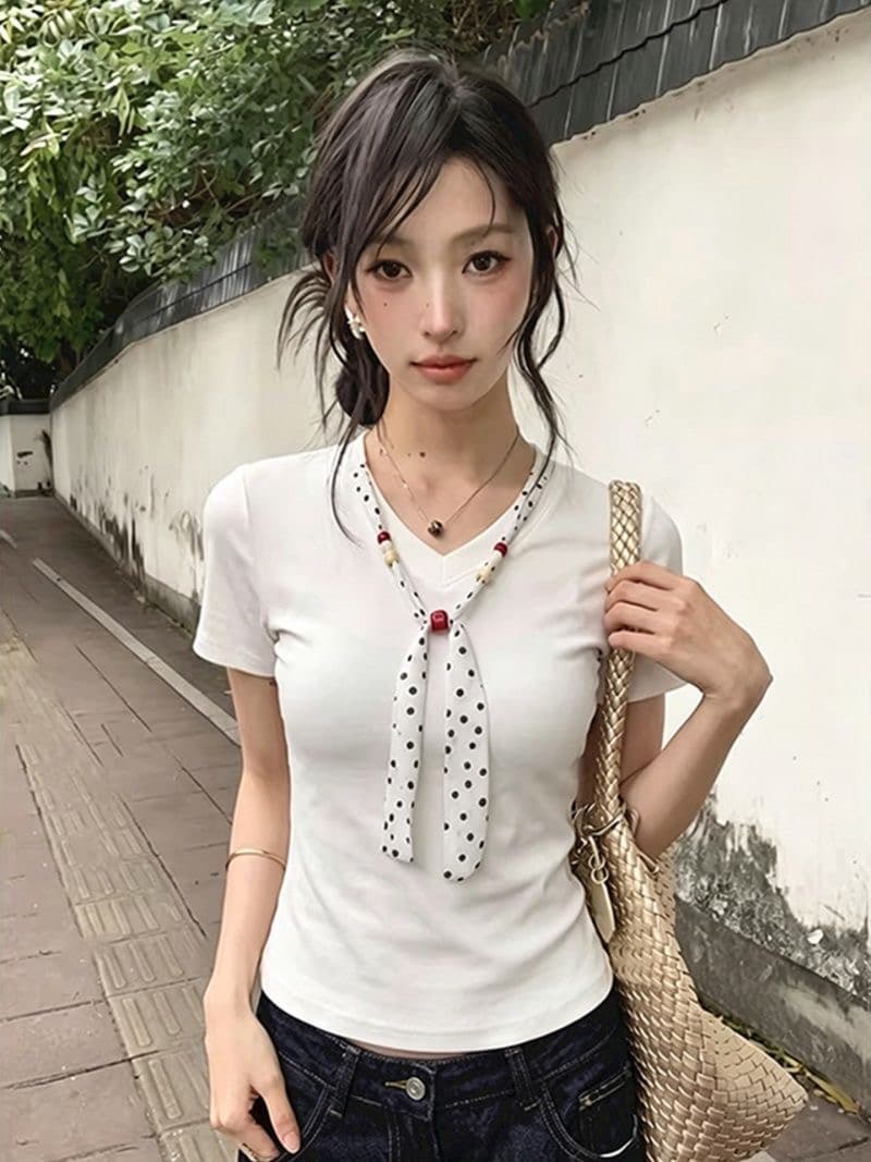 210 그램 40 순면 도트 무늬 스카프 레이스업 V넥 반팔 티셔츠 여성 몸매 가꾸기 맨위