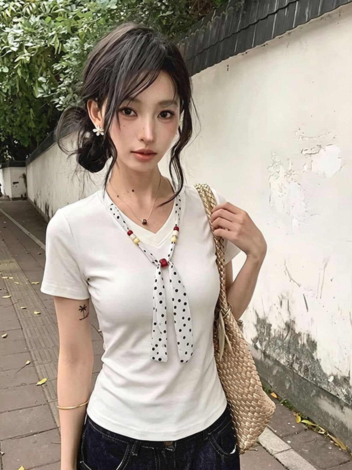 210 그램 40 순면 도트 무늬 스카프 레이스업 V넥 반팔 티셔츠 여성 몸매 가꾸기 맨위 이미지 2