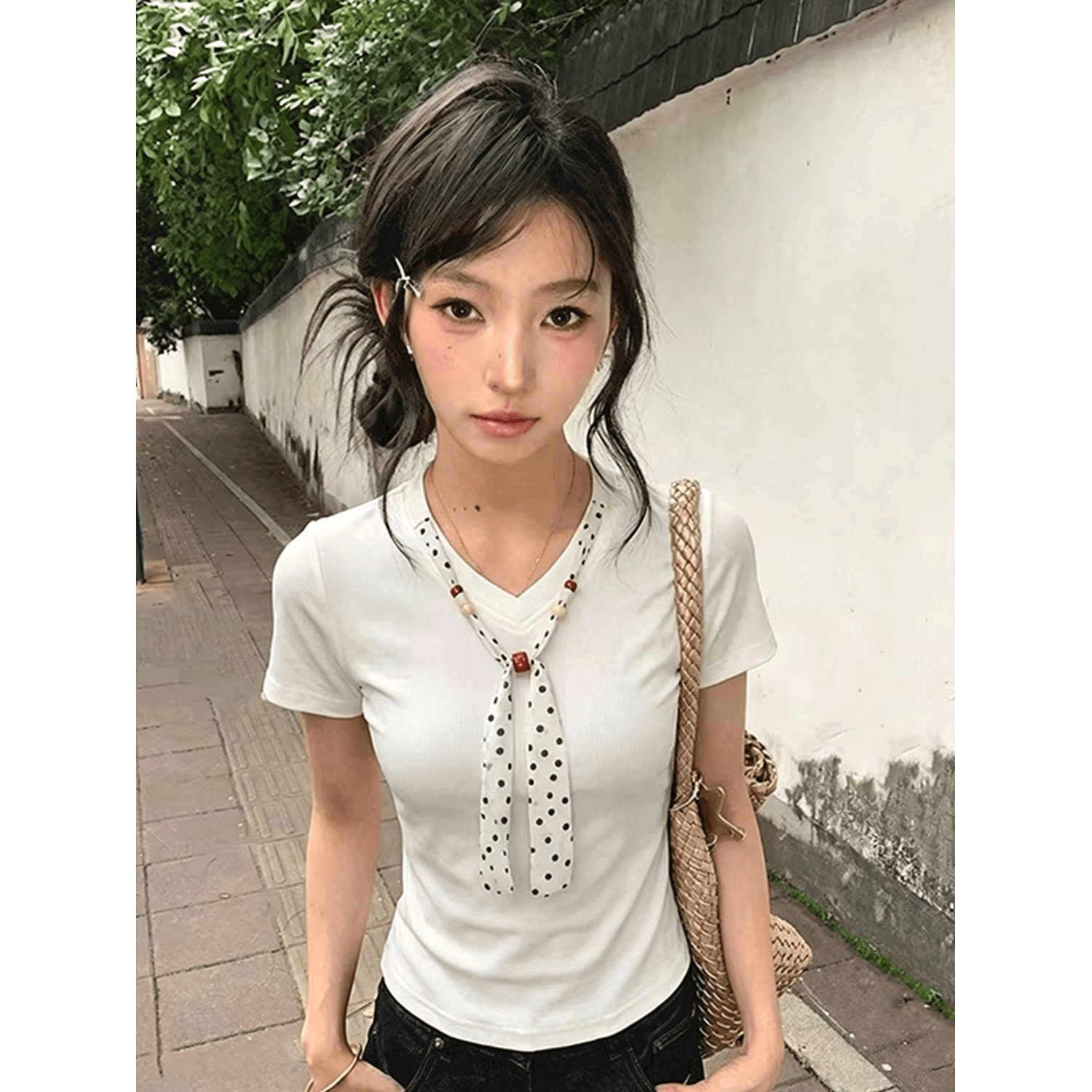 210 그램 40 순면 도트 무늬 스카프 레이스업 V넥 반팔 티셔츠 여성 몸매 가꾸기 맨위 이미지 5