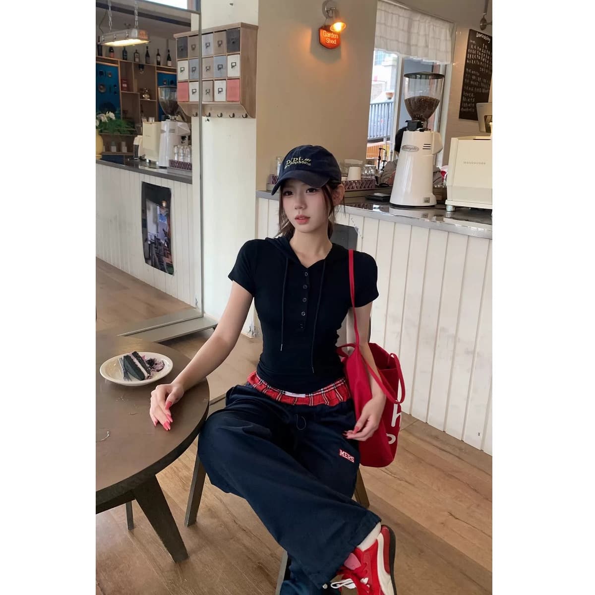 아메리칸 핫걸 바람 검정색 레트로 반팔 후드 POLO 셔츠 표지 고기 꼬집기 허리 작은 대중 패션 맨위 이미지 5
