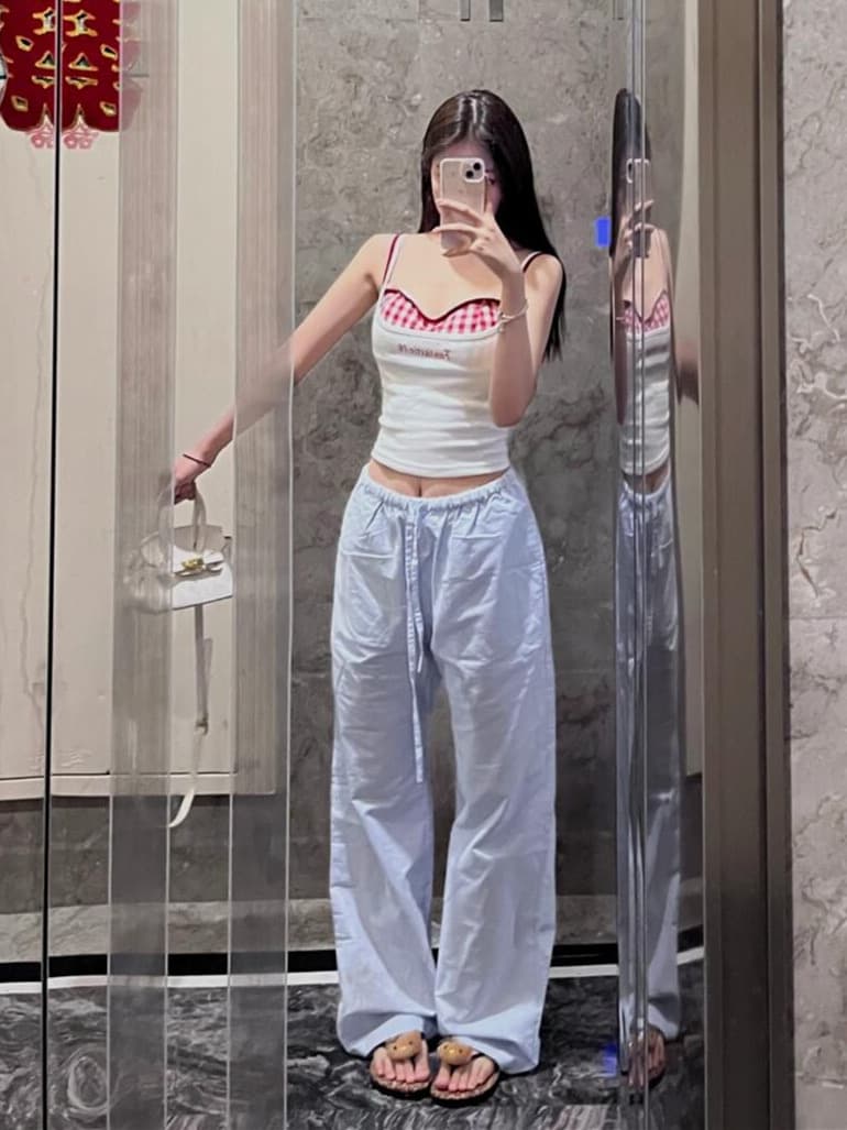 벨트 가슴 패드 페이크 레이어드 슬립 여름 새로운 스트라이프 루즈핏 넓은 다리 길이 바지 투피스 세트 상세 이미지 4