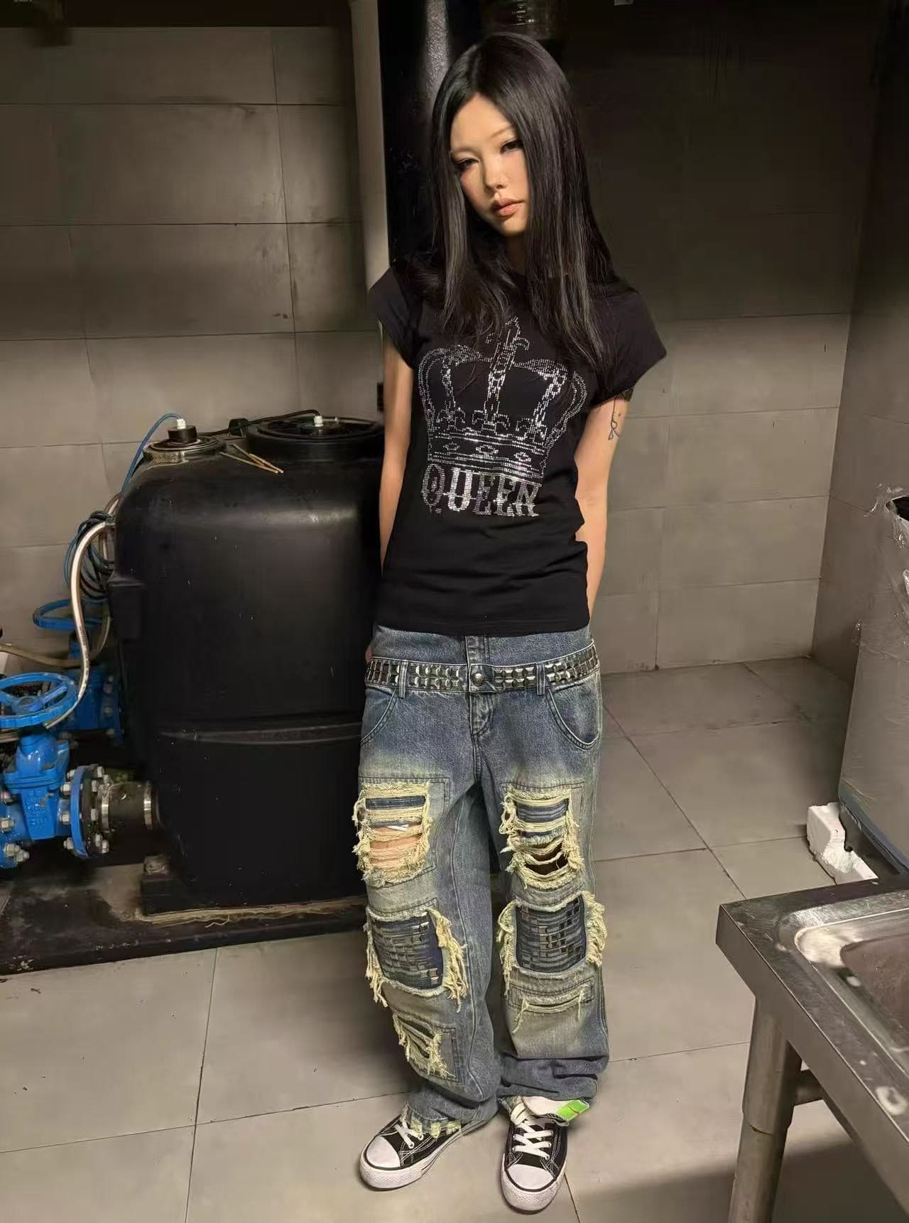 아메리칸 레트로 긍정적 인 어깨 라운드 넥 프린트 반팔 티셔츠 이미지 3