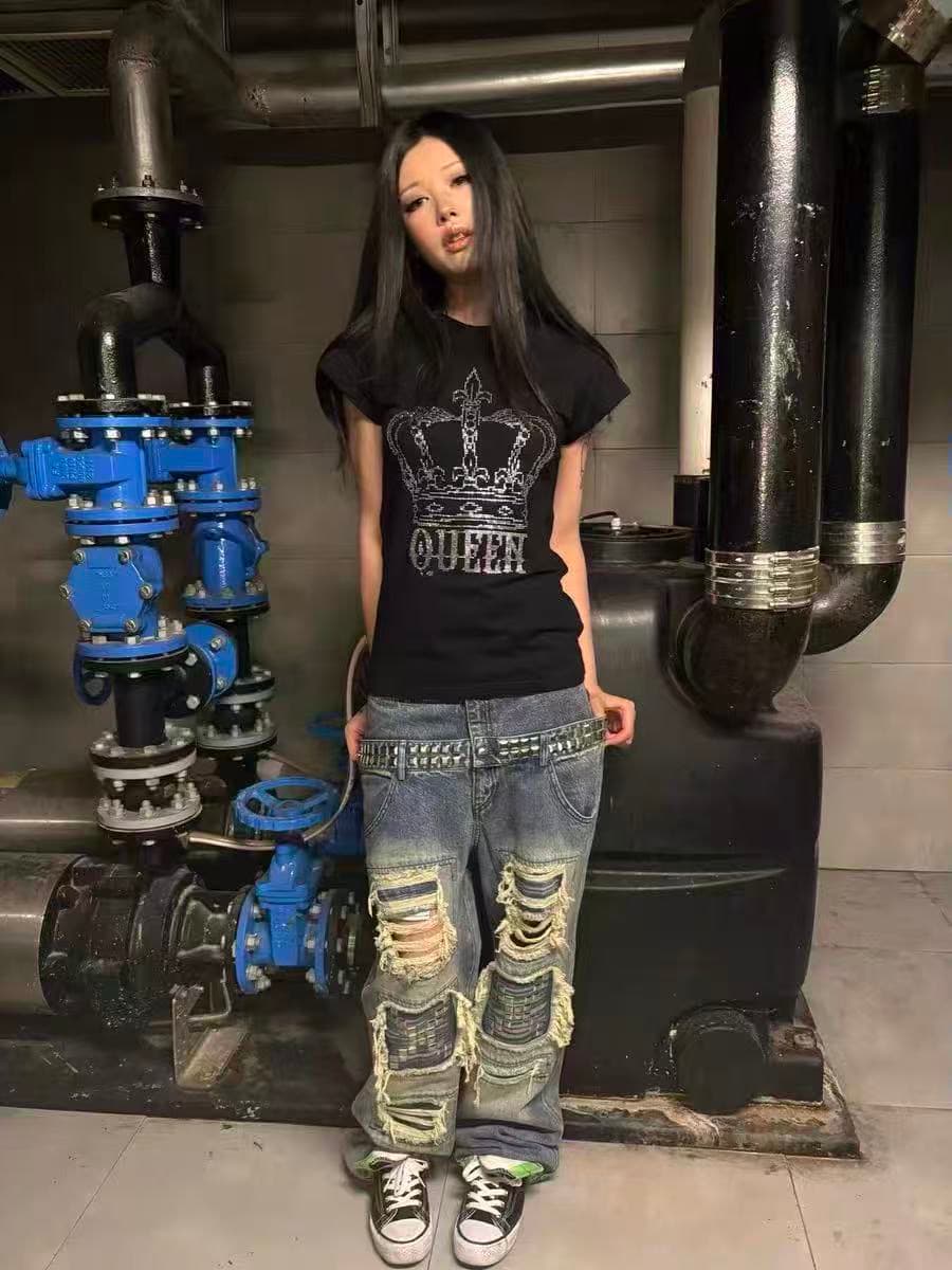 아메리칸 레트로 긍정적 인 어깨 라운드 넥 프린트 반팔 티셔츠 상세 이미지 2