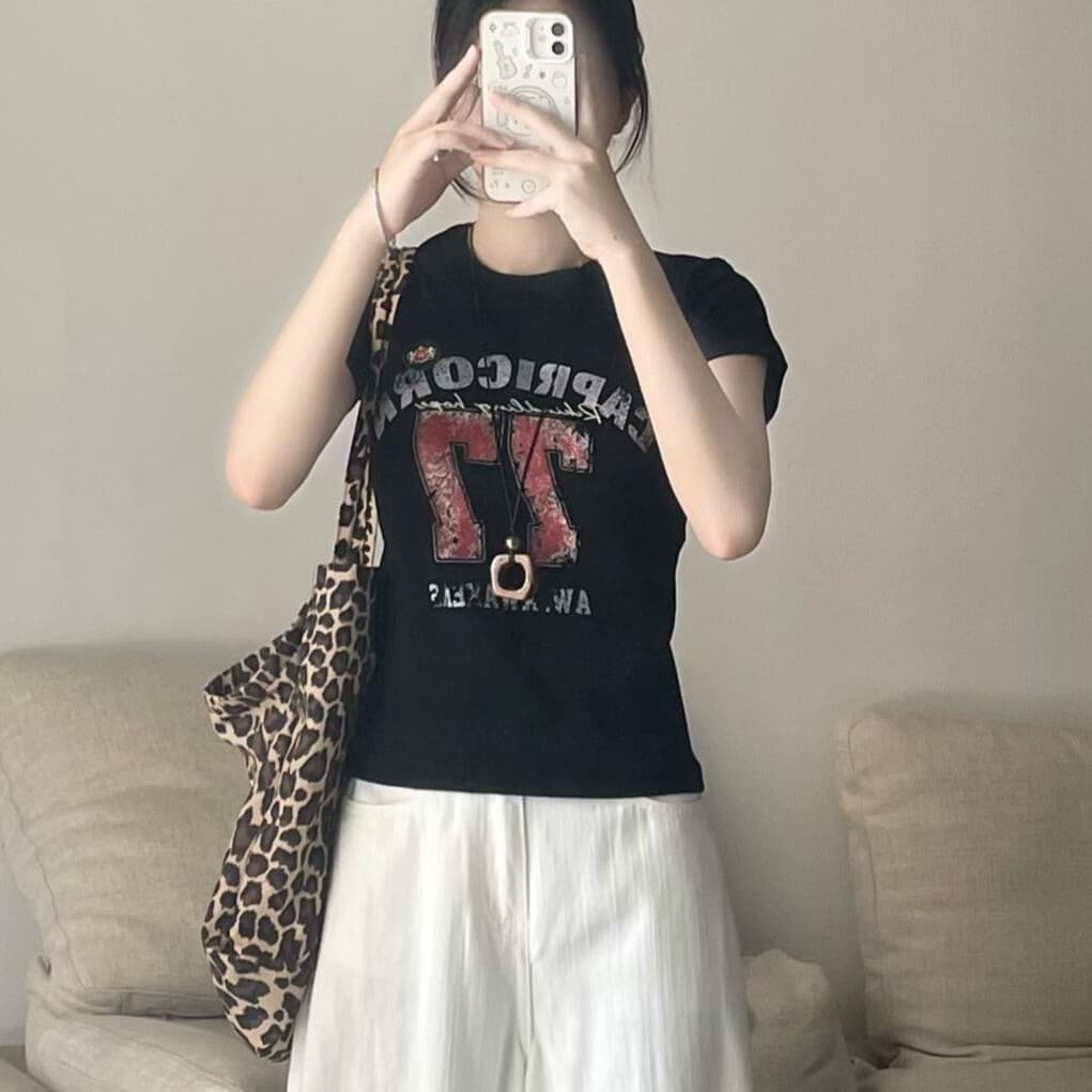 아메리칸 레트로 긍정적 인 어깨 라운드 넥 프린트 반팔 티셔츠 상세 이미지 1