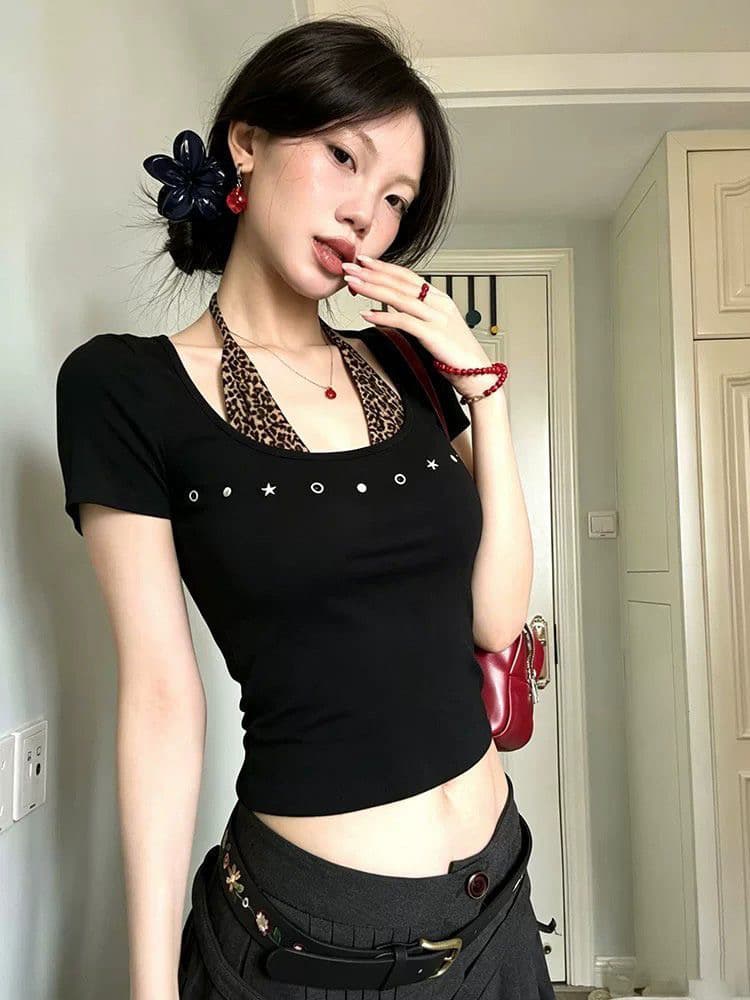 260g1 1 와 사고 방식 광장 칼라 레오파드 무늬 패치워크 행침 목 반팔 티셔츠 여성 2026 여름 품격 몸매 가꾸기 맨위