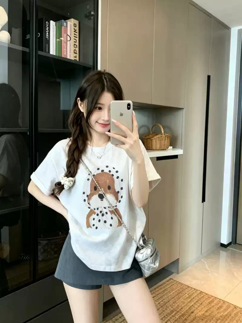 여름 새로운 아메리칸 루즈핏 다용도 프린트 반팔 티셔츠 여성