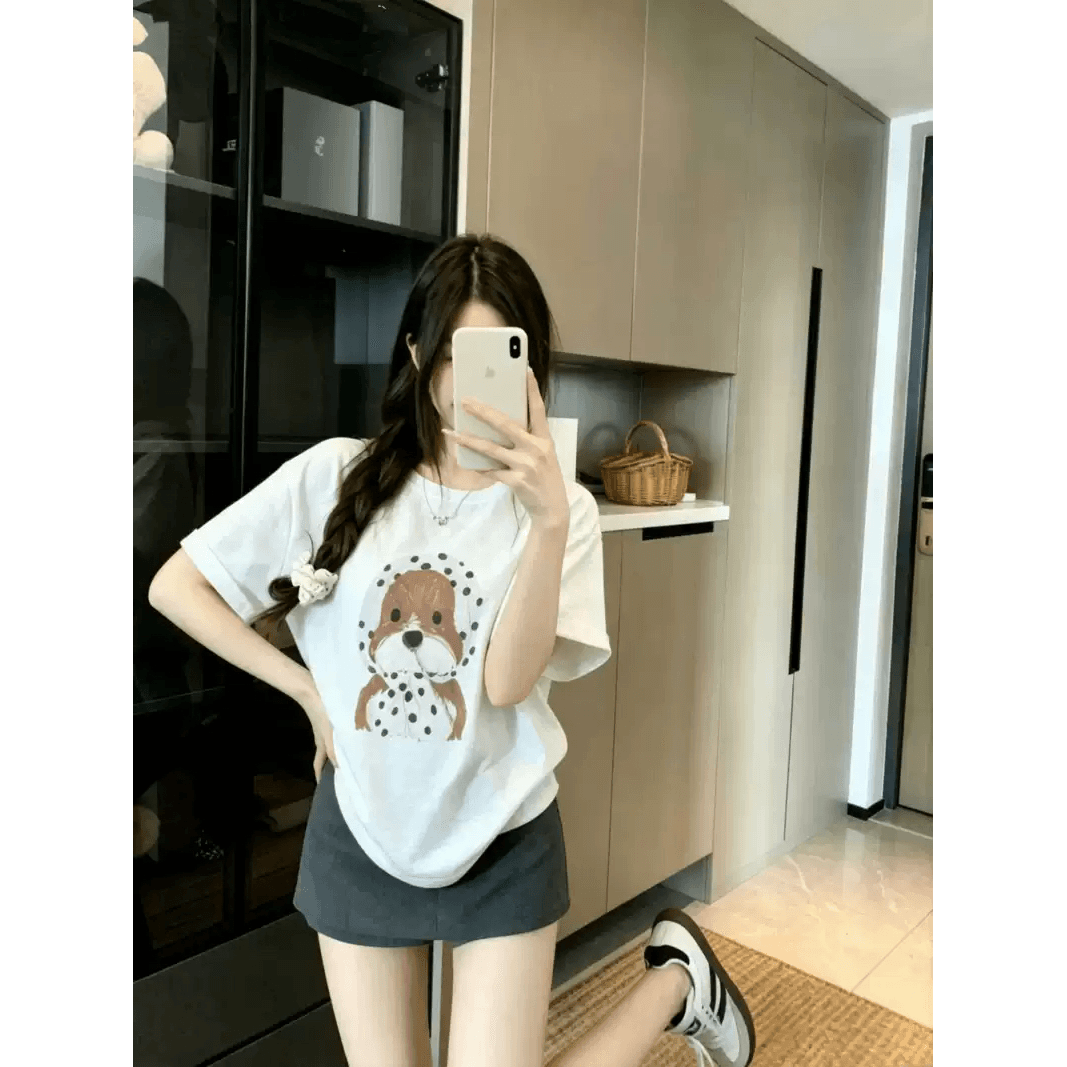 여름 새로운 아메리칸 루즈핏 다용도 프린트 반팔 티셔츠 여성 이미지 5