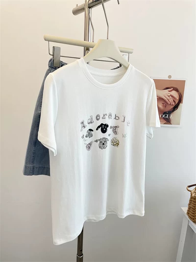 여름 새로운 아메리칸 루즈핏 다용도 프린트 반팔 티셔츠 여성