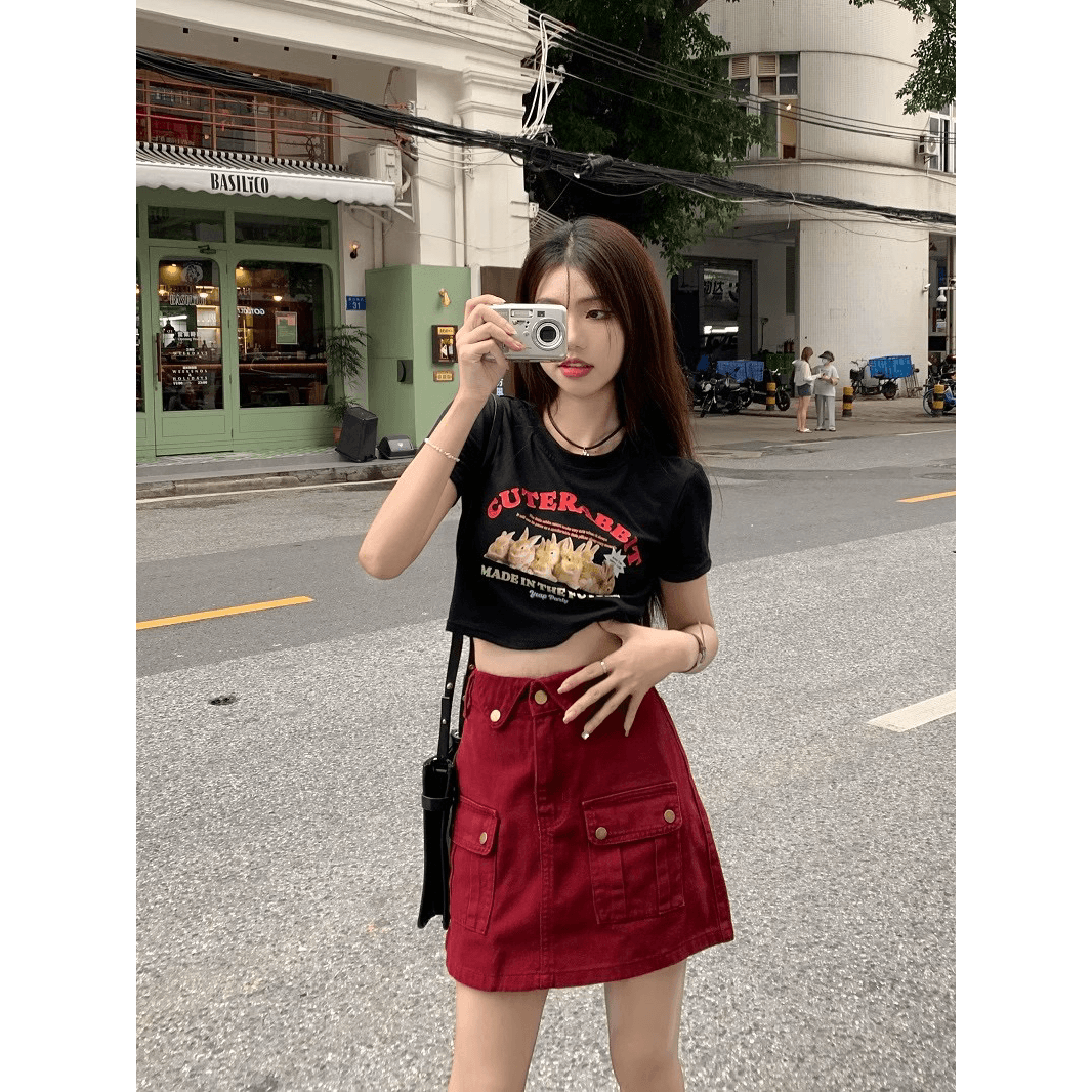 핫걸 바람 반팔 티셔츠 여성 여름 새로운 한국 스타일 만화 프린트 쇼트 스타일 몸매 가꾸기 검정색 맨위 이미지 5