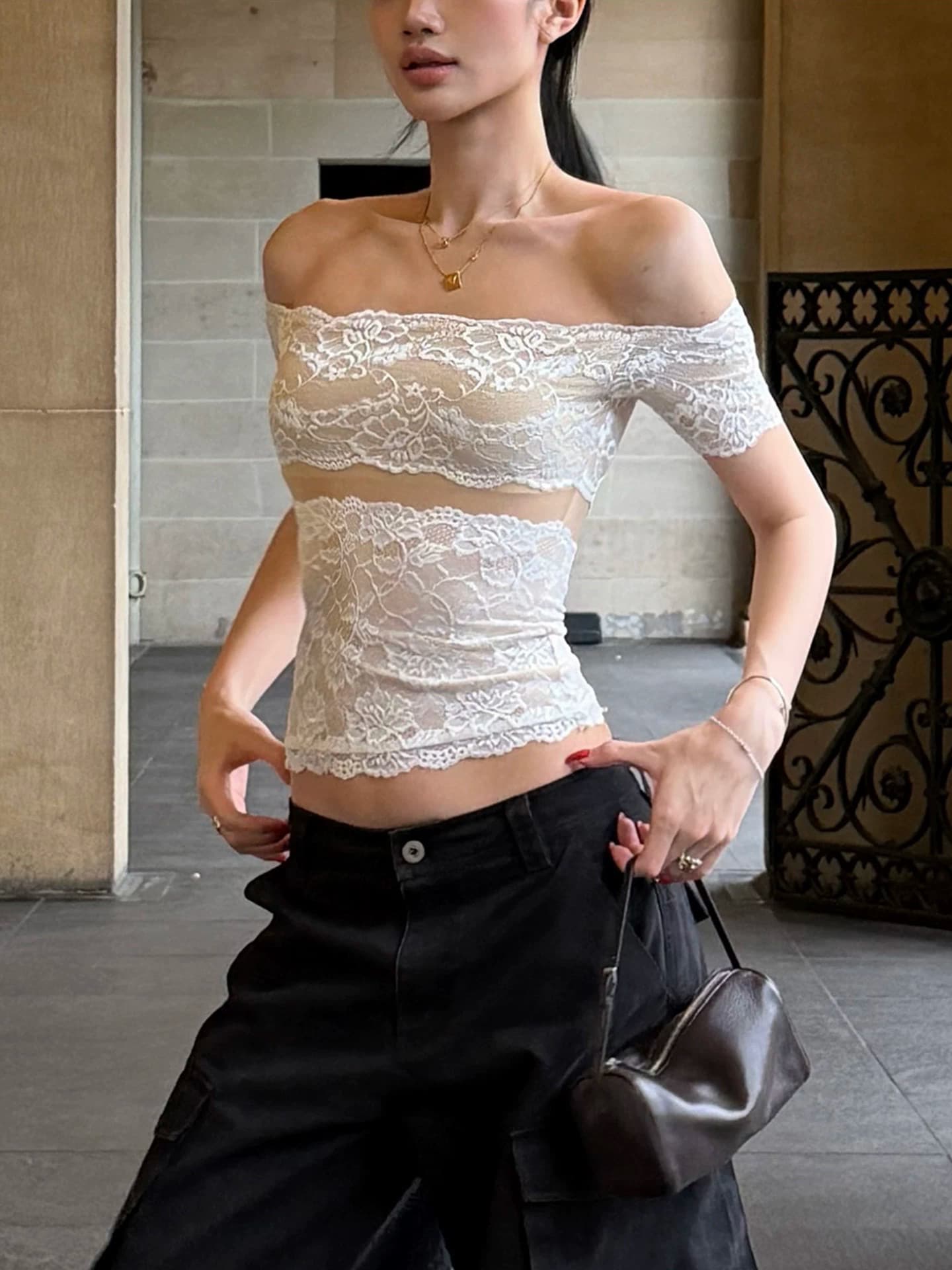 순수한 욕망 바람 레이스 자카드 오프숄더 반팔 티셔츠 여성 여름 핫걸 몸매 가꾸기 기본 셔츠 품격 쇼트 스타일 맨위 상세 이미지 2