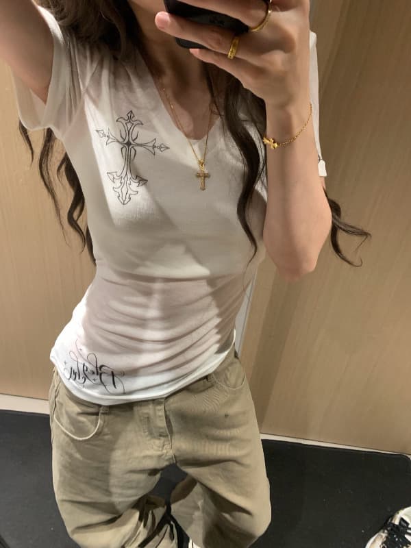 한 부서 순면 V넥 긍정적 인 어깨 프린트 반팔 티셔츠 상세 이미지 2