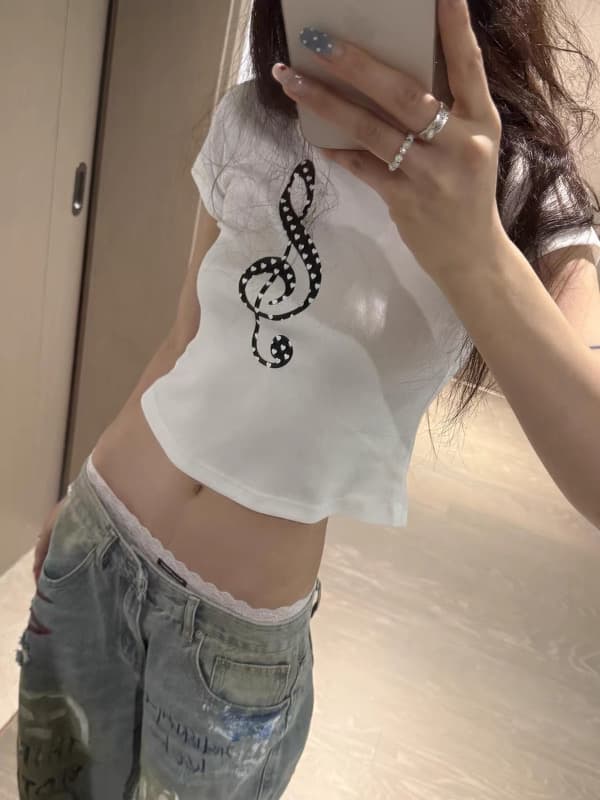 한 부서 순면 핫걸 쇼트 스타일 라운드 넥 프린트 반팔 티셔츠 이미지 3