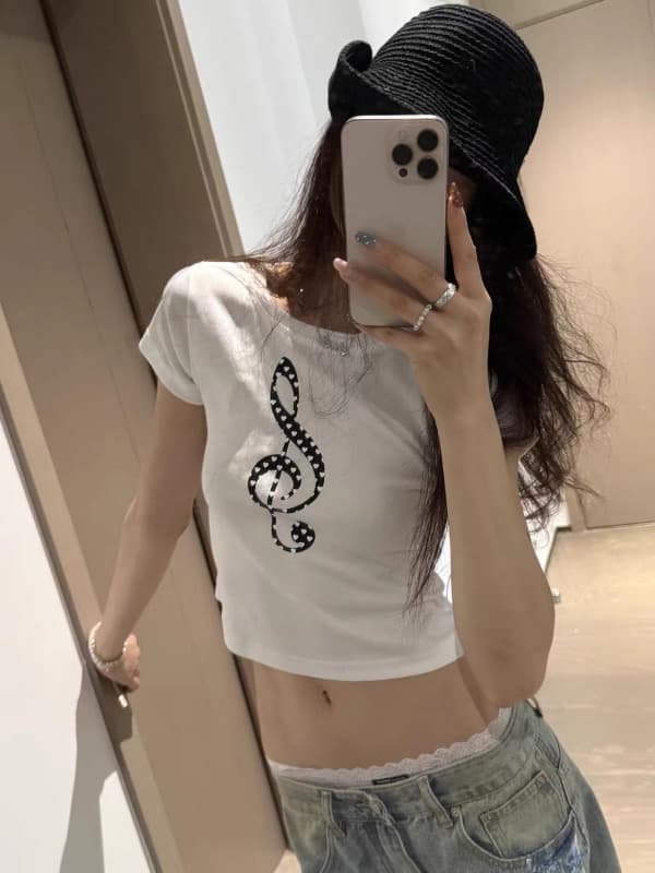 한 부서 순면 핫걸 쇼트 스타일 라운드 넥 프린트 반팔 티셔츠 상세 이미지 2