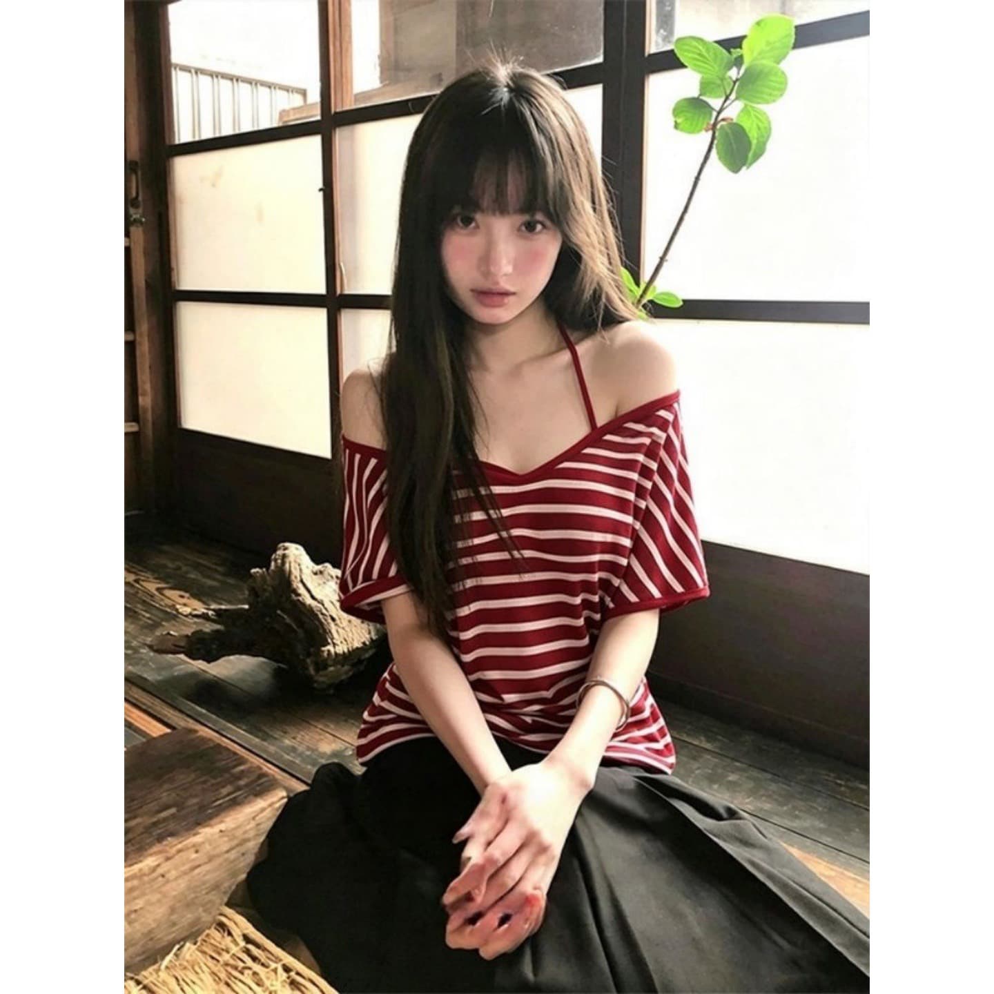 경관 그림 주간 실크 컬러 짜임 기사 와 사고 방식 스트라이프 비스듬한 어깨 반팔 여성 여름 캐미솔 투피스 세트 상세 이미지 1