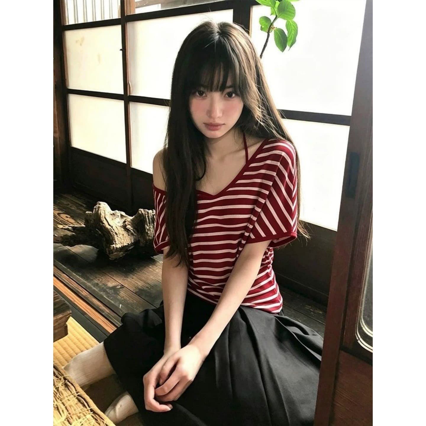 경관 그림 주간 실크 컬러 짜임 기사 와 사고 방식 스트라이프 비스듬한 어깨 반팔 여성 여름 캐미솔 투피스 세트 상세 이미지 2