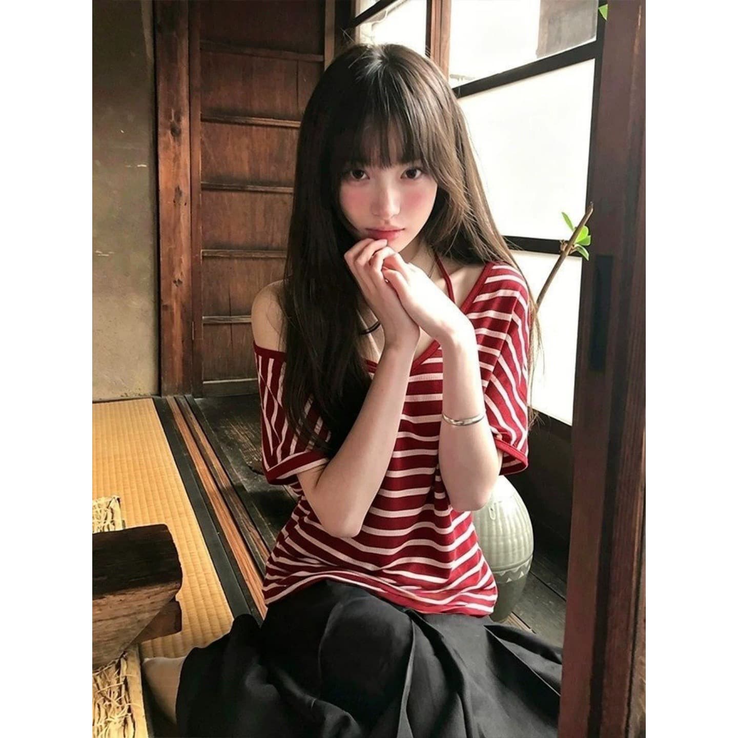 경관 그림 주간 실크 컬러 짜임 기사 와 사고 방식 스트라이프 비스듬한 어깨 반팔 여성 여름 캐미솔 투피스 세트 상세 이미지 3