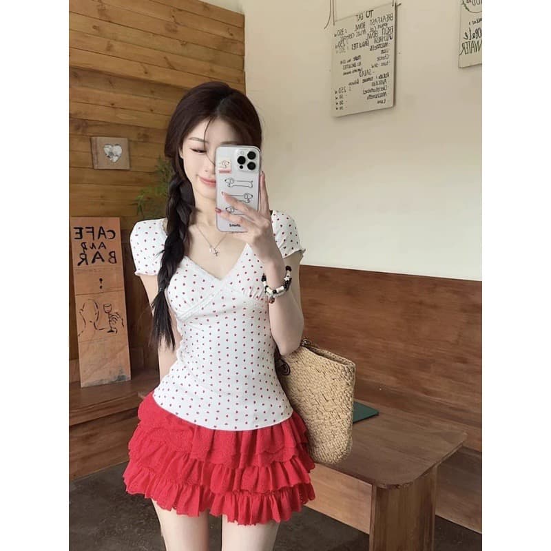 고대 조기 오노 표범 핫걸 레이스 조각 낮음 V넥 레오파드 무늬 반팔 티셔츠 기본 셔츠 2026 아모이 이미지 5