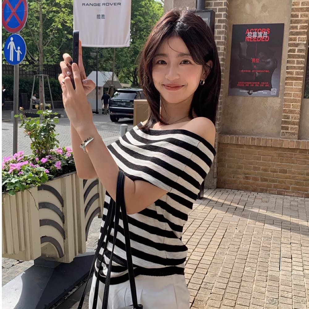 95 면 높은 탄력성 원본 스트라이프 리브 원단 오른쪽 에디션 커프스 어깨 2026 새로운 티셔츠