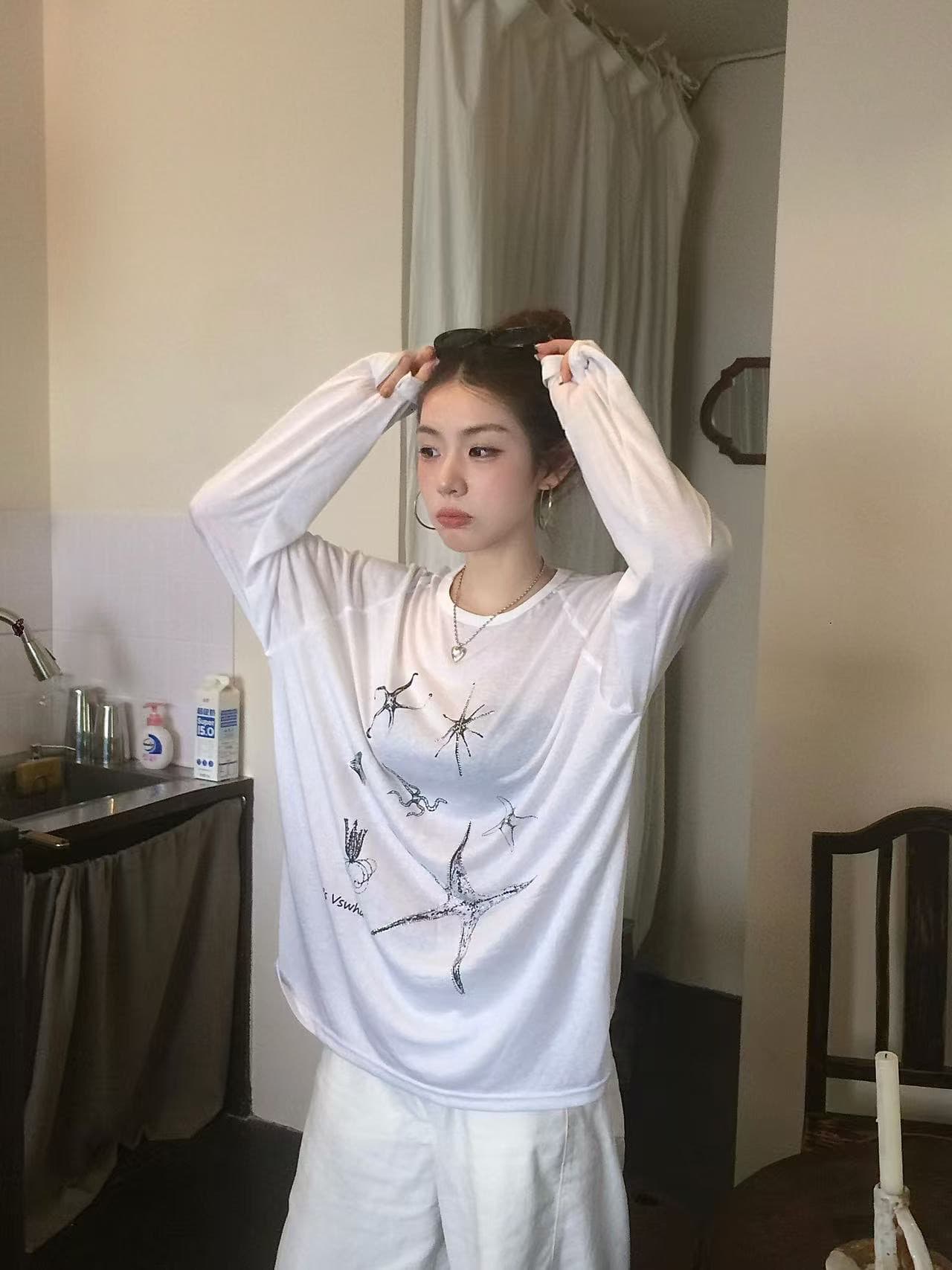 한 부서 여름 프린트 긴팔 티셔츠 블라우스