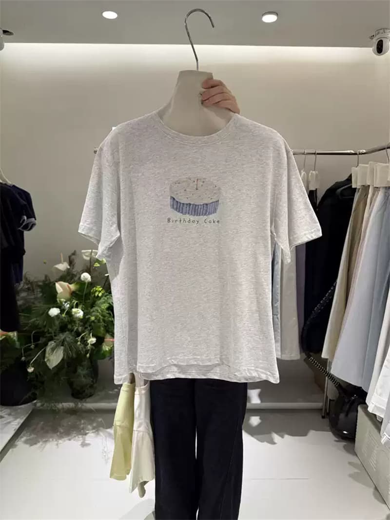 여름 새로운 순면 아메리칸 루즈핏 다용도 프린트 반팔 티셔츠 여성 이미지 4