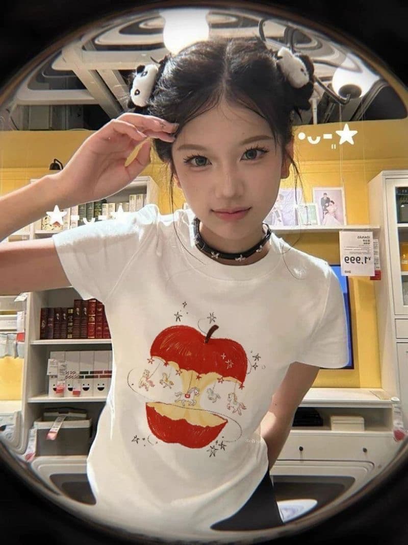 슈퍼 잘 생긴 애플 작은 말 프린트 반팔 티셔츠 여성 여름 화이트 한 부서 chic Chic 몸매 가꾸기 슬림해 보이는 맨위