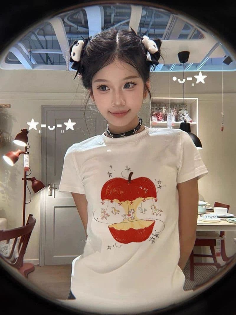 슈퍼 잘 생긴 애플 작은 말 프린트 반팔 티셔츠 여성 여름 화이트 한 부서 chic Chic 몸매 가꾸기 슬림해 보이는 맨위 이미지 4