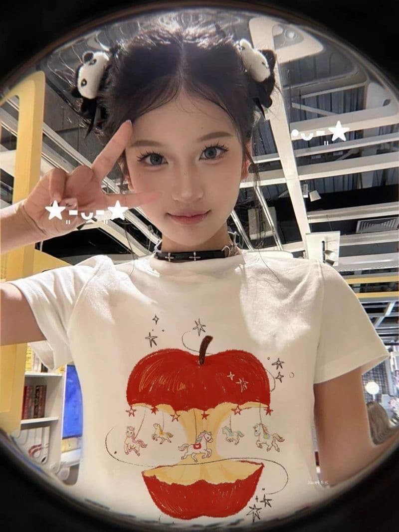 슈퍼 잘 생긴 애플 작은 말 프린트 반팔 티셔츠 여성 여름 화이트 한 부서 chic Chic 몸매 가꾸기 슬림해 보이는 맨위 상세 이미지 3