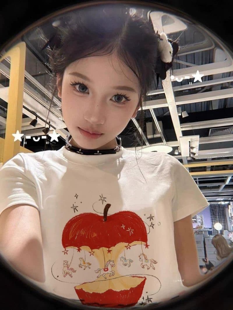 슈퍼 잘 생긴 애플 작은 말 프린트 반팔 티셔츠 여성 여름 화이트 한 부서 chic Chic 몸매 가꾸기 슬림해 보이는 맨위 상세 이미지 7