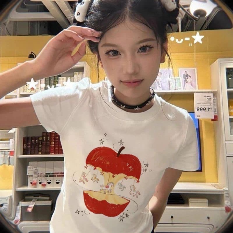 슈퍼 잘 생긴 애플 작은 말 프린트 반팔 티셔츠 여성 여름 화이트 한 부서 chic Chic 몸매 가꾸기 슬림해 보이는 맨위 상세 이미지 10