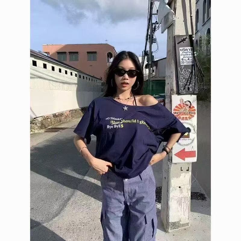 해군 알파벳 오프숄더 티셔츠 여성 여름 아메리칸 레트로 디자인 센스 루즈핏 느긋한 바람 캐주얼 반팔 맨위
