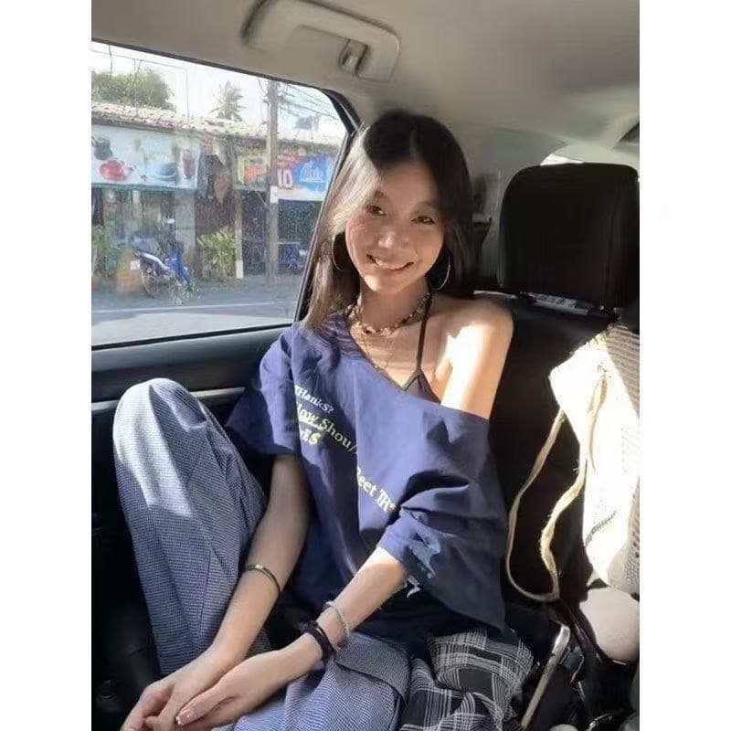 해군 알파벳 오프숄더 티셔츠 여성 여름 아메리칸 레트로 디자인 센스 루즈핏 느긋한 바람 캐주얼 반팔 맨위 이미지 2