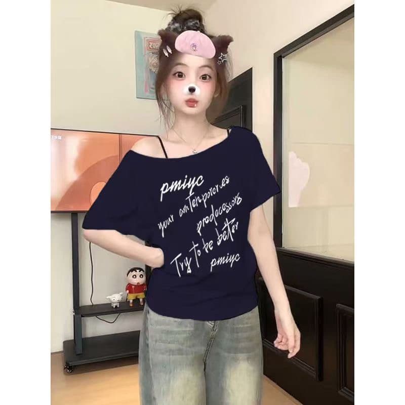 순수한 욕망 바람 여름 새로운 순면 티셔츠 스케치 알파벳 비스듬한 어깨 여자 핫걸 캐주얼 반팔 맨위 이미지 3