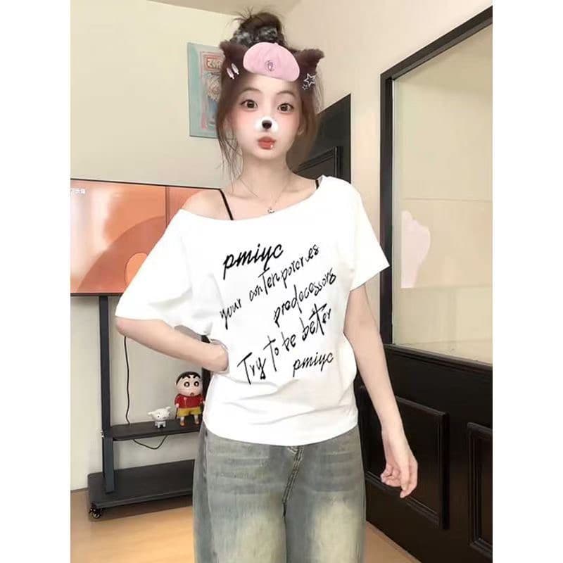순수한 욕망 바람 여름 새로운 순면 티셔츠 스케치 알파벳 비스듬한 어깨 여자 핫걸 캐주얼 반팔 맨위 상세 이미지 4
