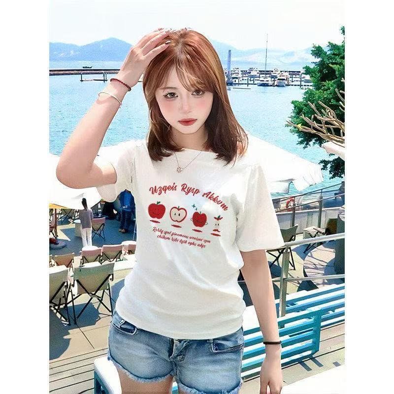 한 부서 비스듬한 어깨 풀오버 반팔 티셔츠 여성 여름 느긋한 바람 루즈핏 슬림해 보이는 슈퍼 잘 생긴 오프숄더 맨위 상세 이미지 9
