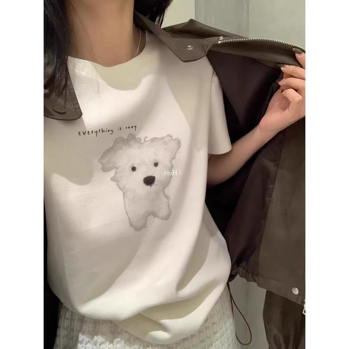 아메리칸 레트로 낙서 강아지 긍정적 인 어깨 반팔 티셔츠 여성 여름 작은 대중 디자인 센스 슬림해 보이는 핫걸 쇼트 스타일 맨위 상세 이미지 8